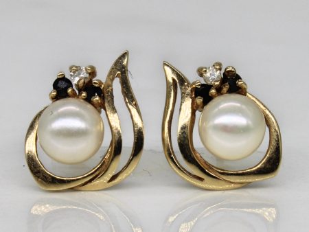 Pearl & Sapphire Stud Earrings | 0.08ctw, 0.03ctw | Sale