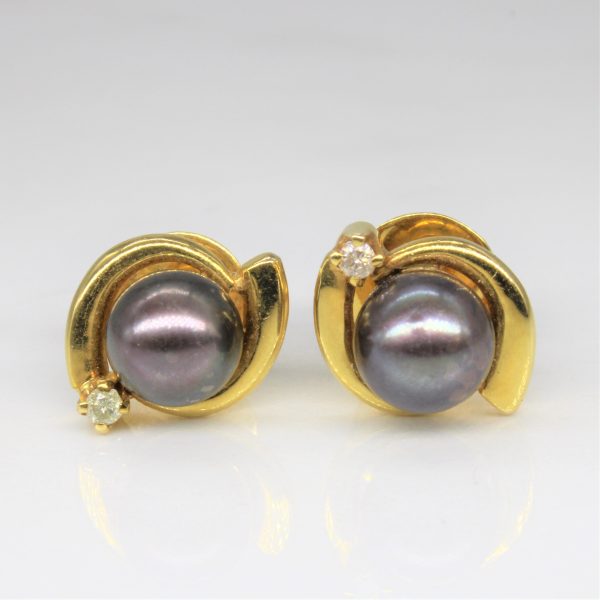 Black Pearl & Diamond Swirl Stud Earrings | 0.06ctw | Cheap